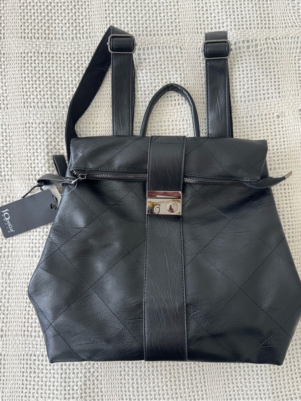 Quilted Black Leather-Effect Backpack with Front Clasp
